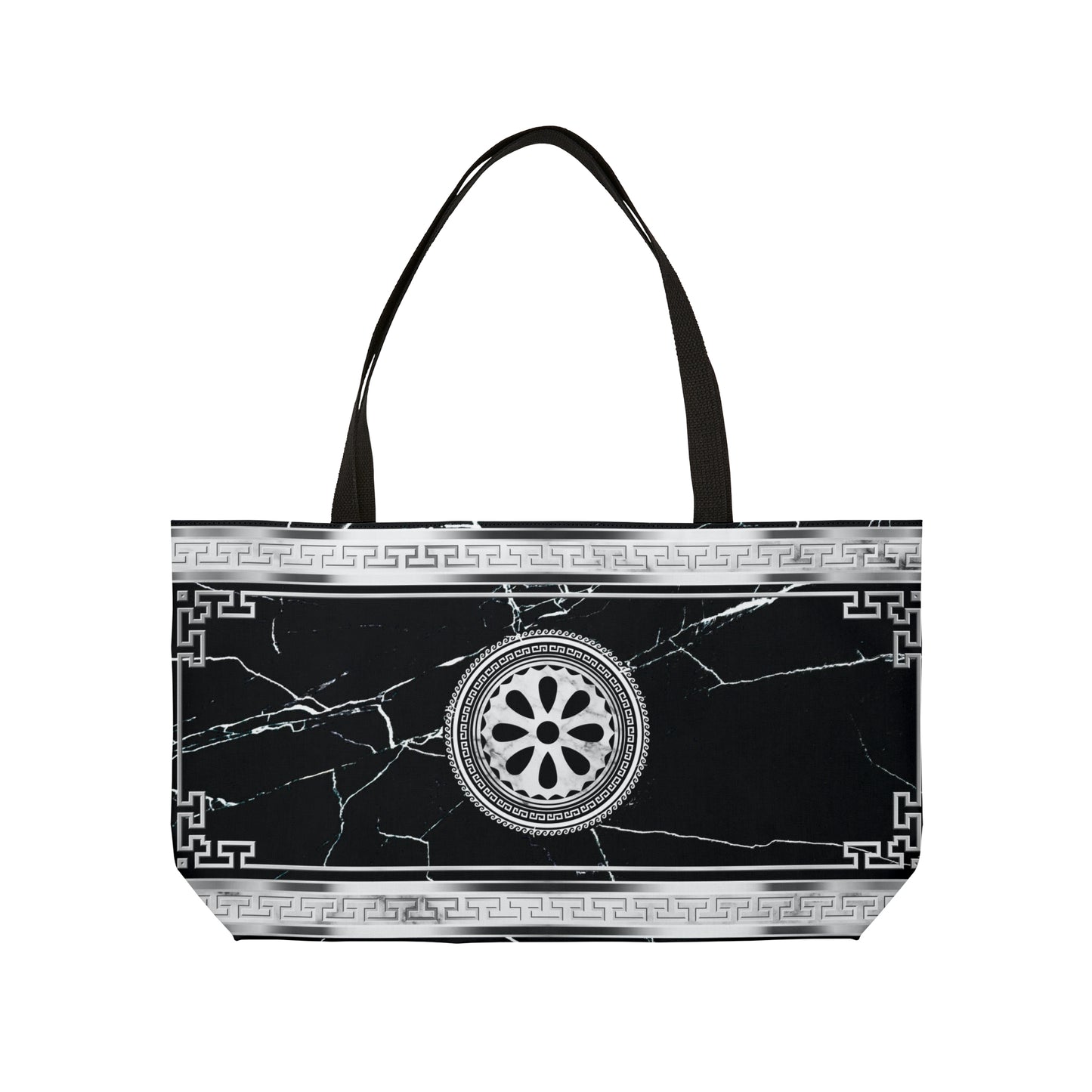 Greek Key Silver Black Marbleized Weekender Tote Bag