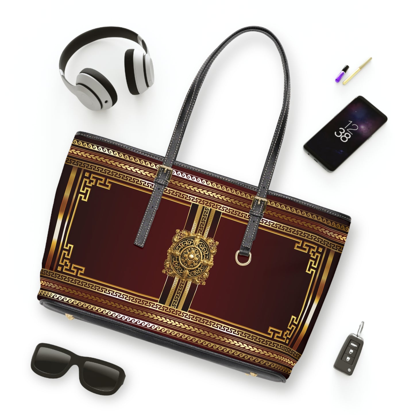 Greek Key Gold Maroon PU Leather Shoulder Bag