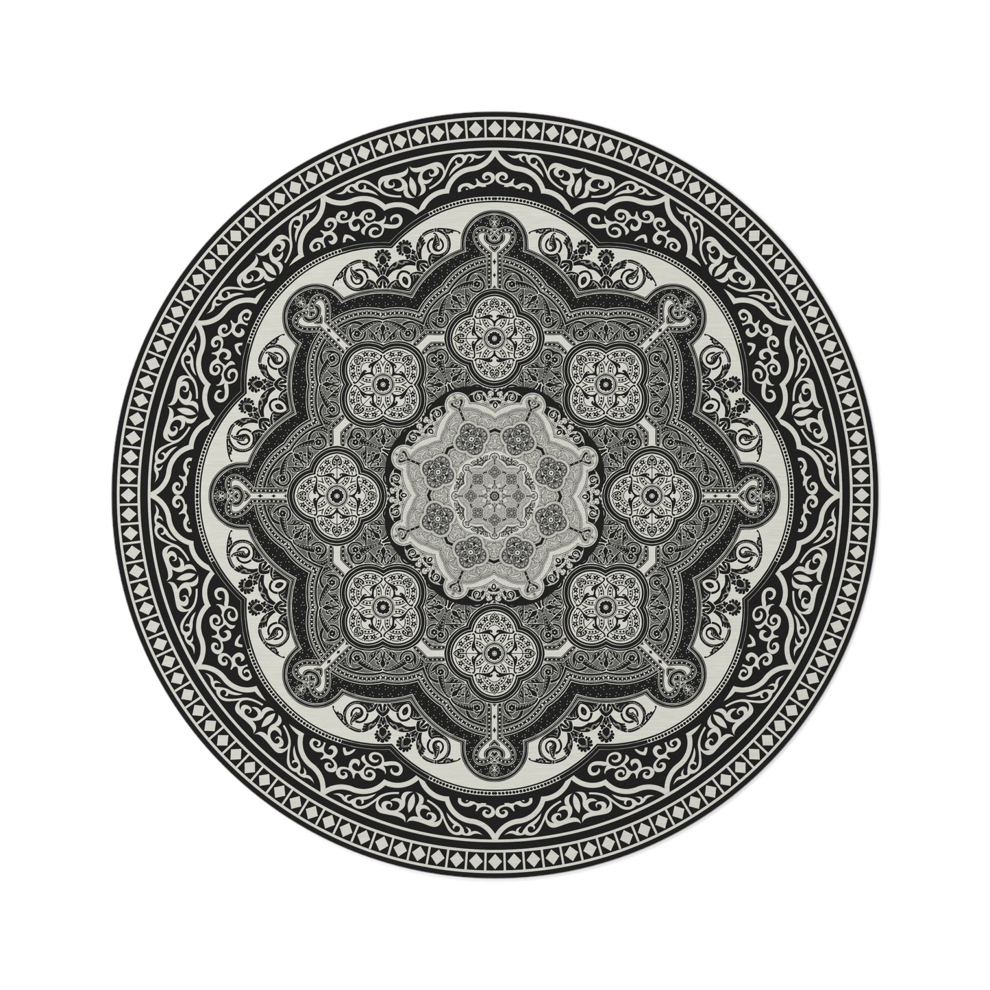 Ornate Baroque Floral Greek Key Cream Black Round Rug