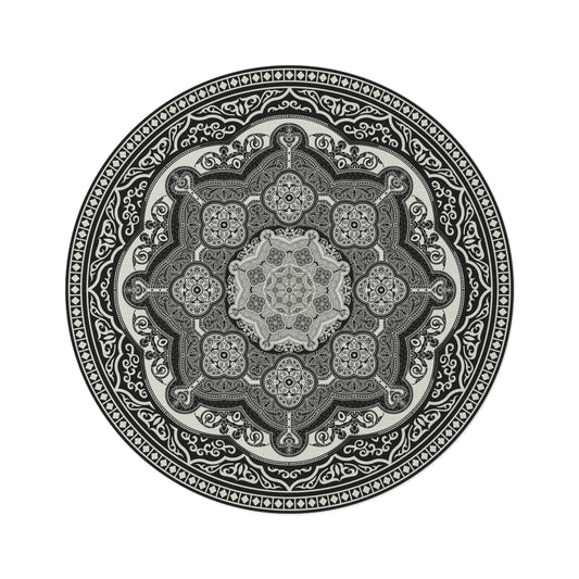 Ornate Baroque Floral Greek Key Cream Black Round Rug