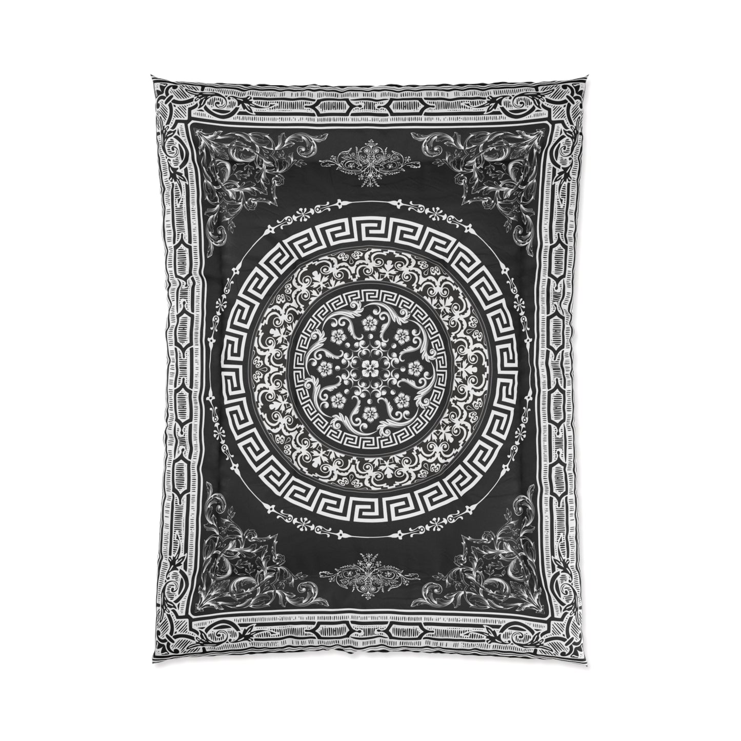 Ornate Baroque Black Antique White Greek Key Comforter