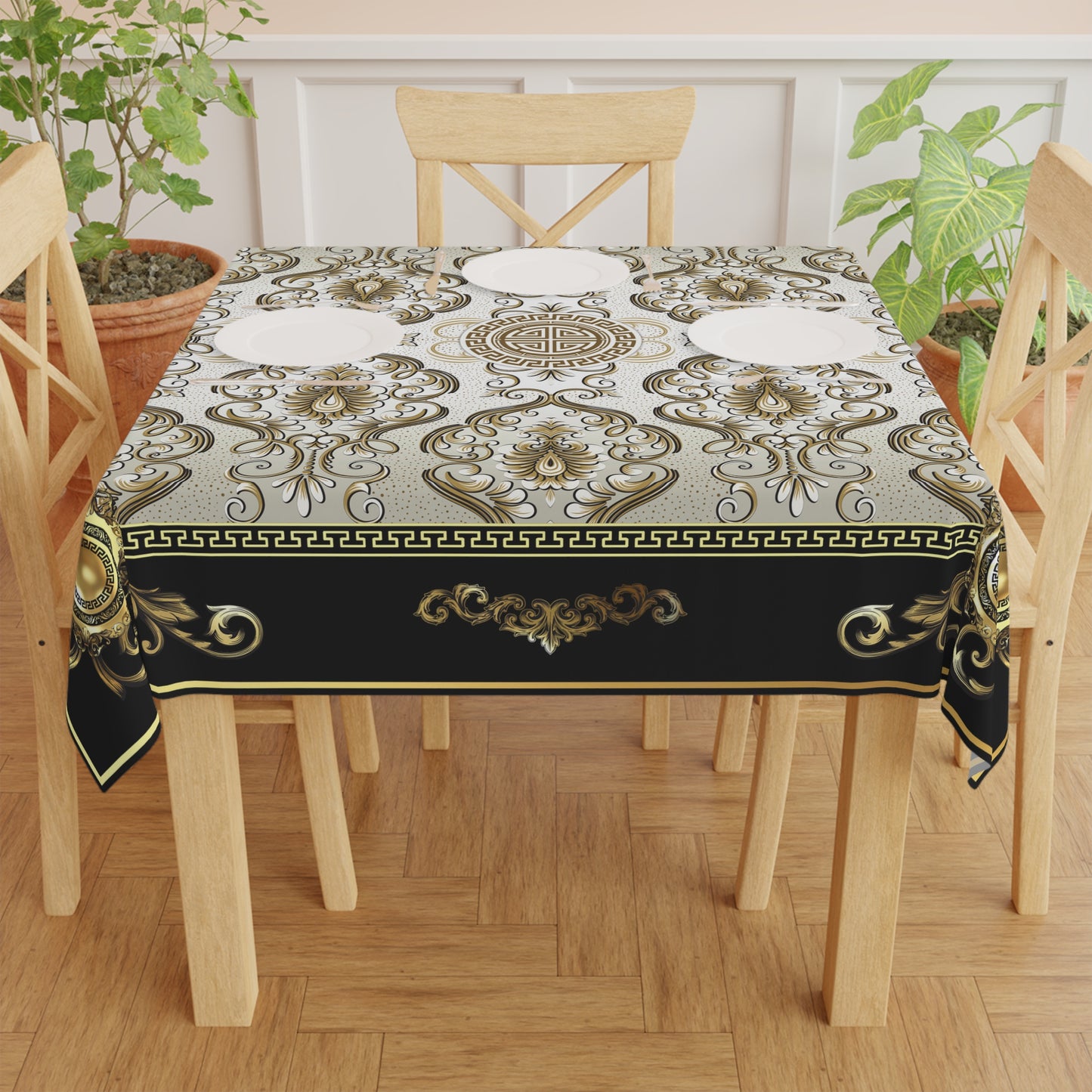 Floral Ornate Baroque Black Gold Greek Key Tablecloth