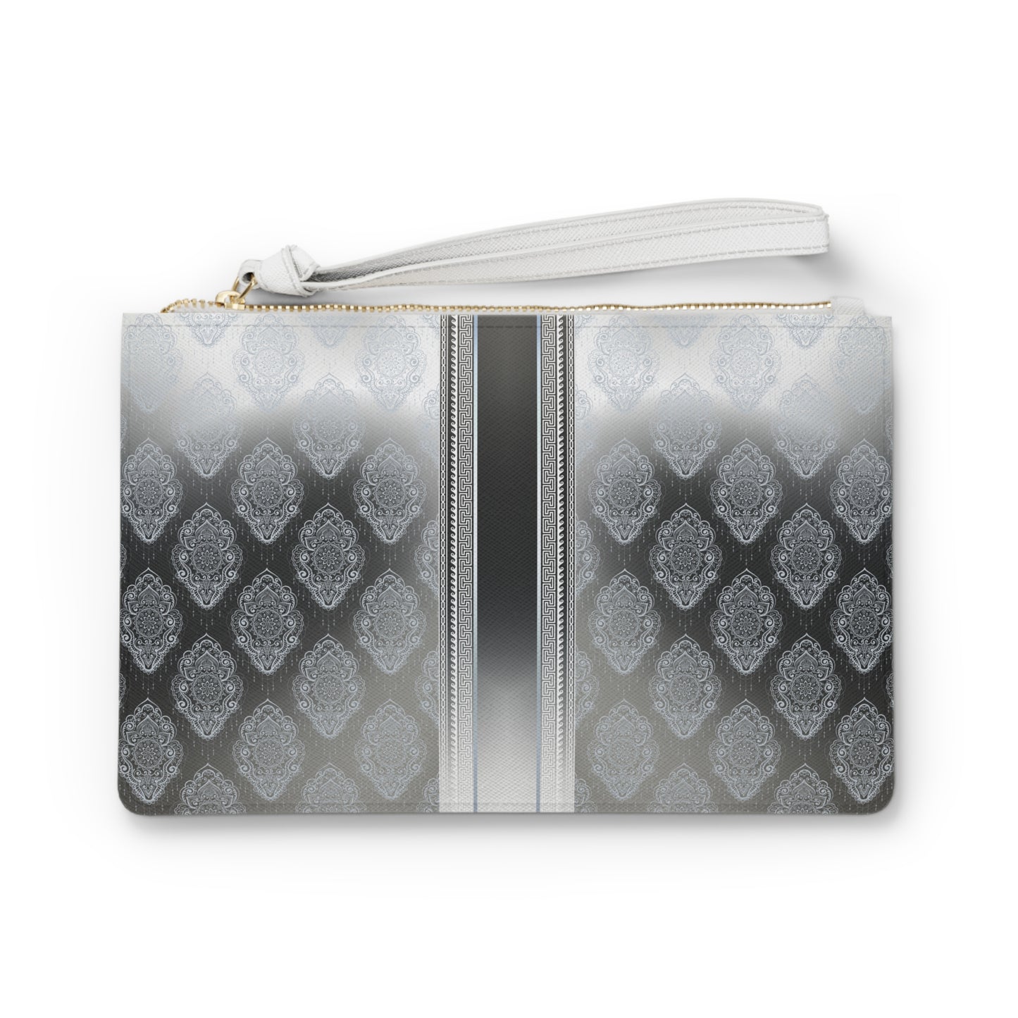 Greek Key Floral Silver Black Blue Clutch Bag