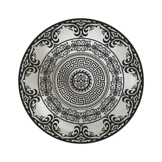 Greek Key Gray Silver Black Round Rug