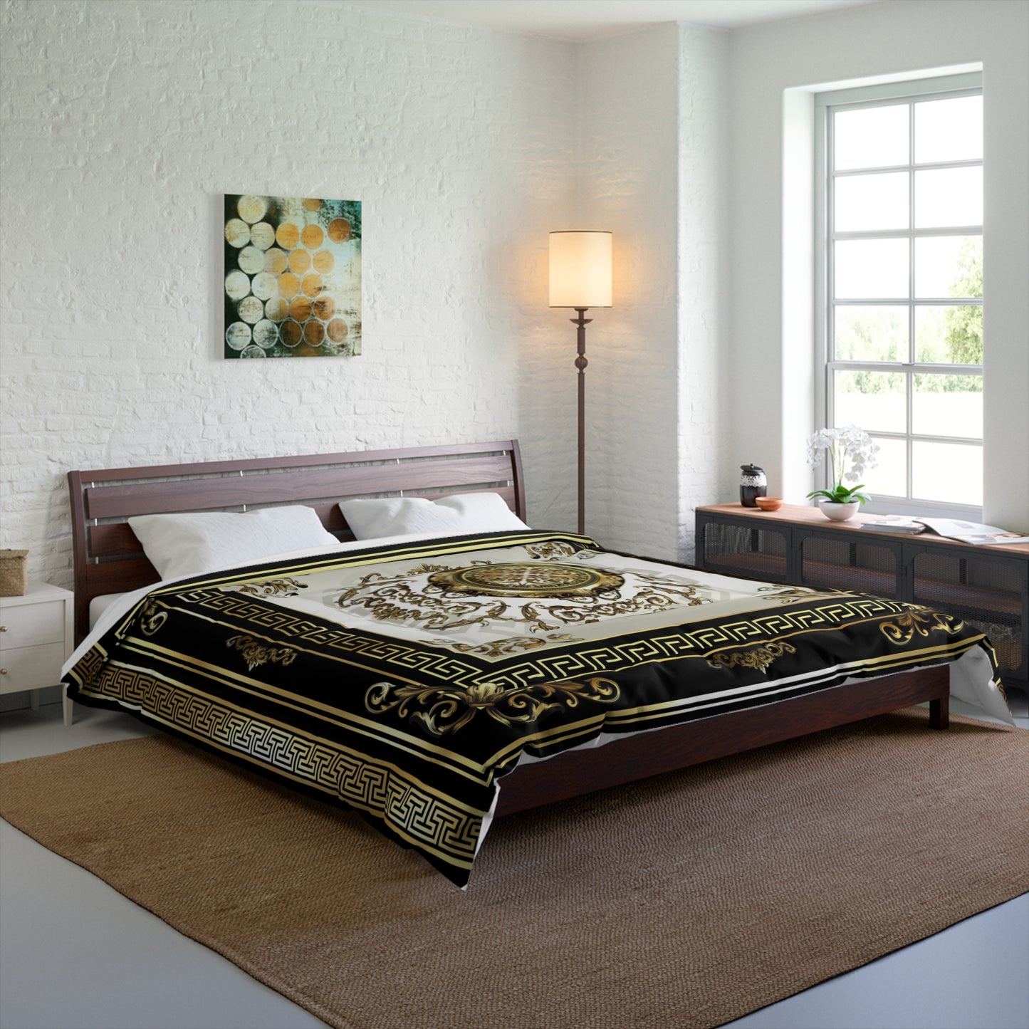 Ornate Medallion Gold Black Greek Key Comforter