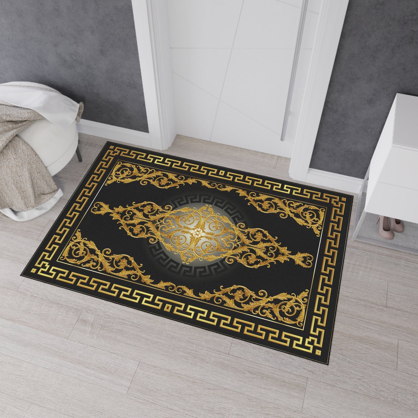 Greek Key Black Gold Baroque Heavy Duty Floor Mat