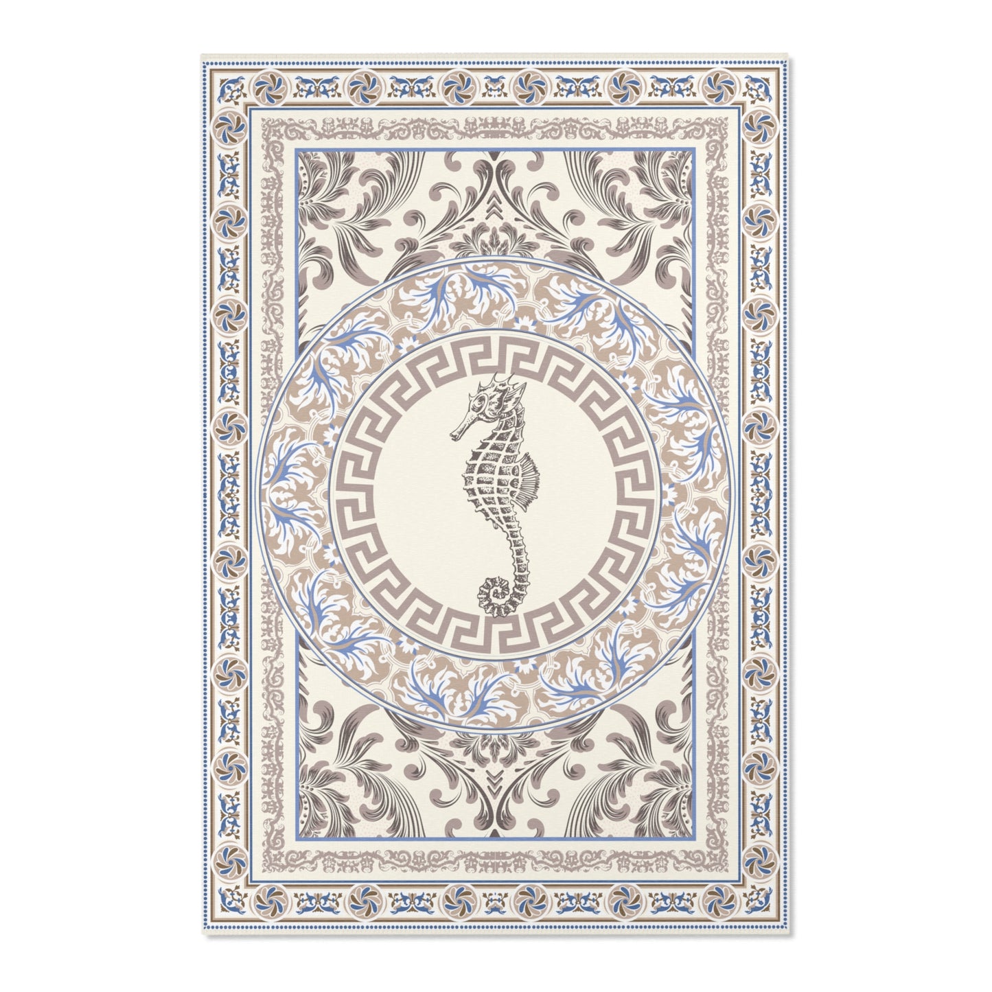 Blue Ornate Baroque Greek Key Area Rugs