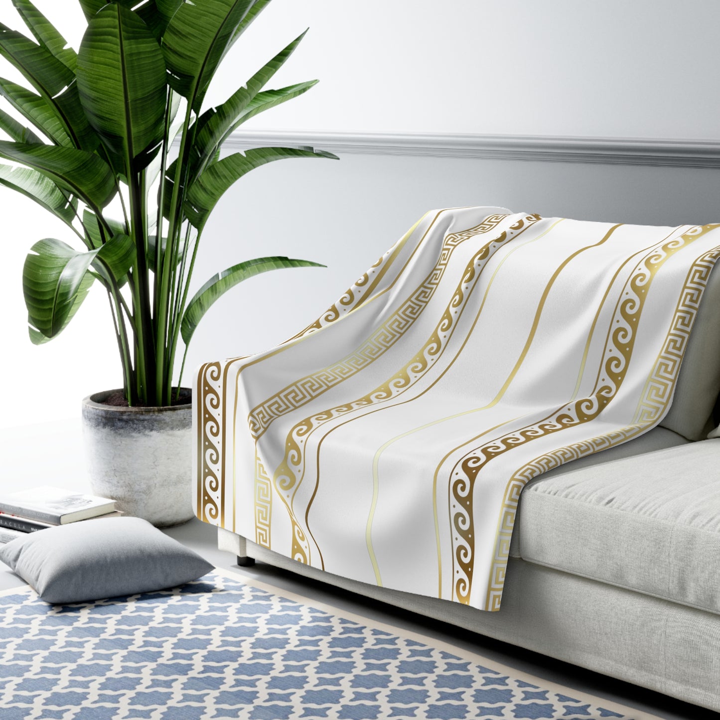 Greek Key Design Gold Striped White Sherpa Fleece Blanket