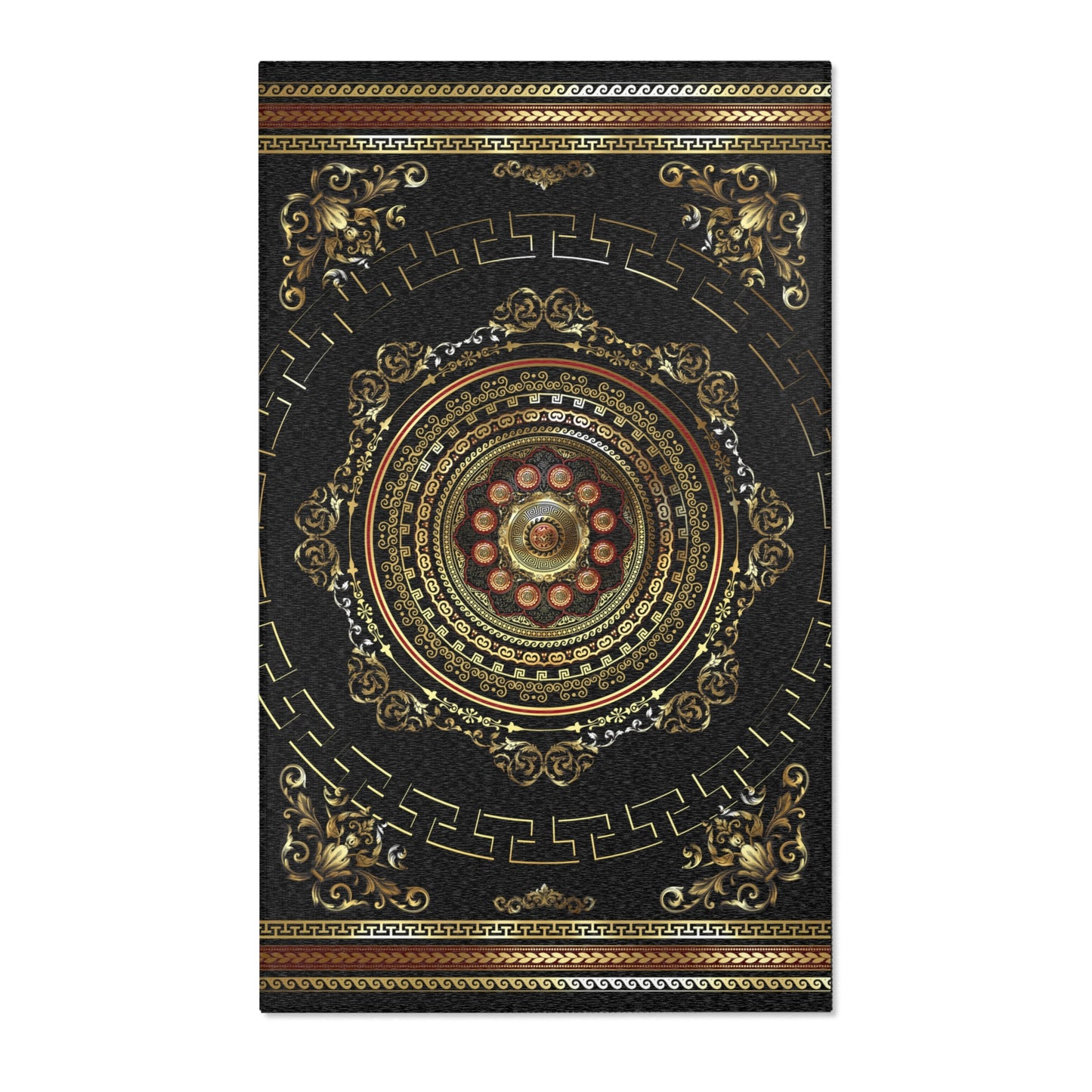 Ornate Baroque Greek Keys Gold Black Red Area Rugs