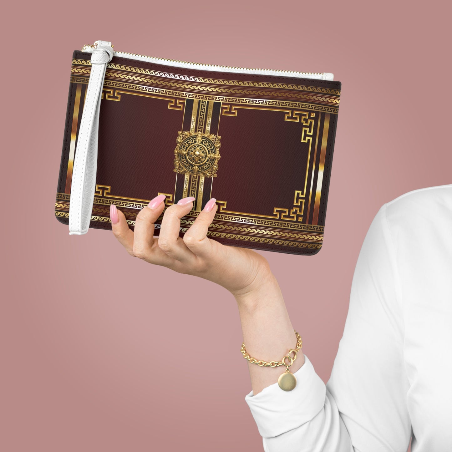 Greek Key Gold Maroon Vegan Leather Clutch Bag