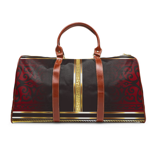 Maroon Black Red Gold Greek Key Waterproof Travel Bag