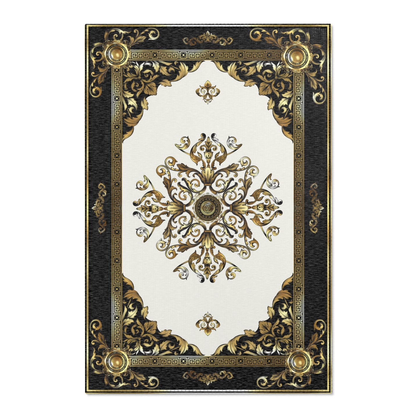 Ornate Gold Baroque Greek Key Black Cream Area  Rug