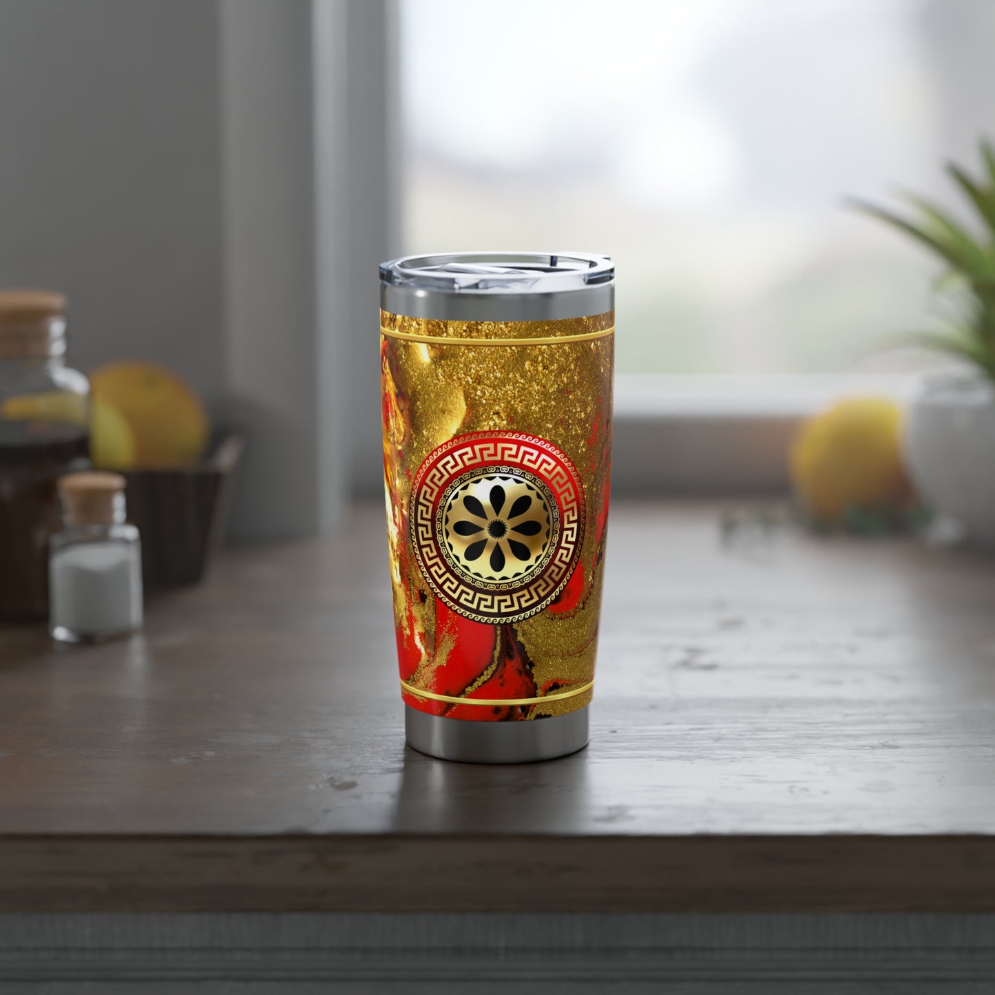 Greek Key Flower Gold Red Marbleized Tumbler 20oz