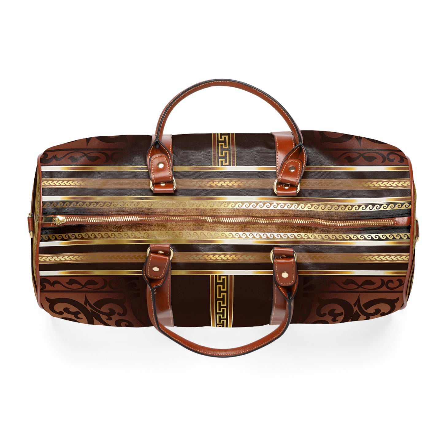 Brown Gold Greek Key Waterproof Travel Bag