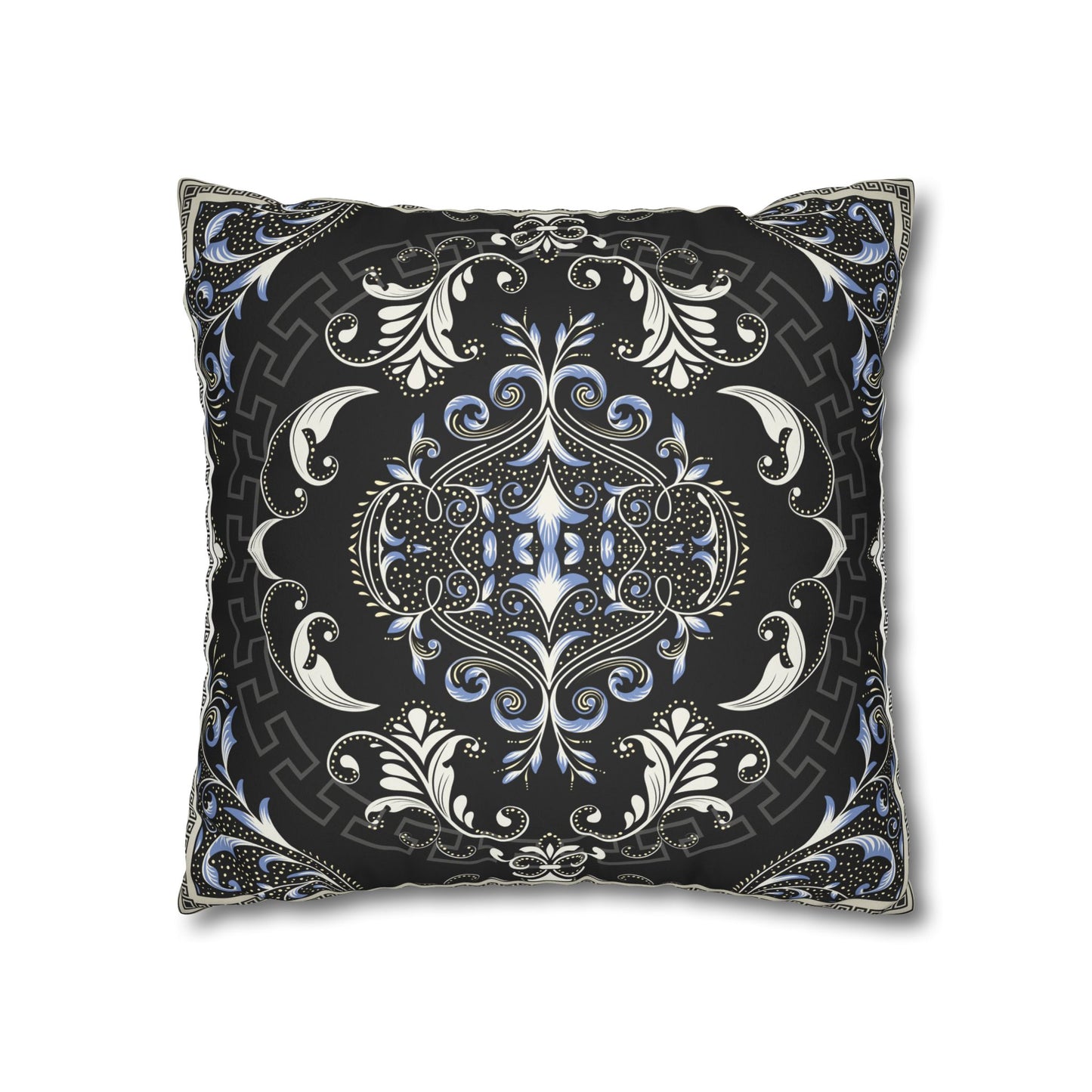 Floral Black Cream Greek Key Faux Suede Square Pillowcase (CASE ONLY)