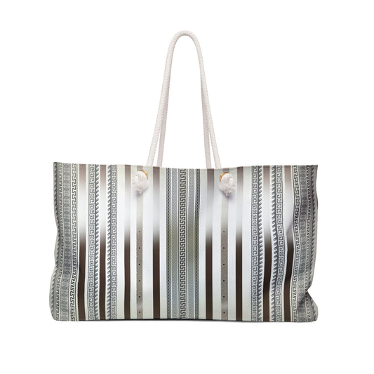 Cream Gray Brown Stripe Greek Key Weekender Bag