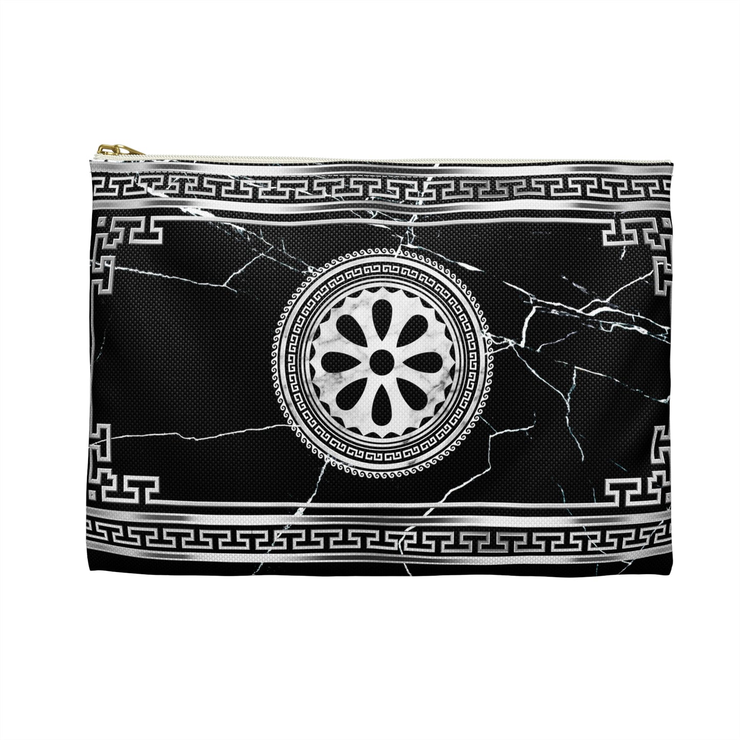 Greek Key Silver Black Marbleized Accessory Pouch