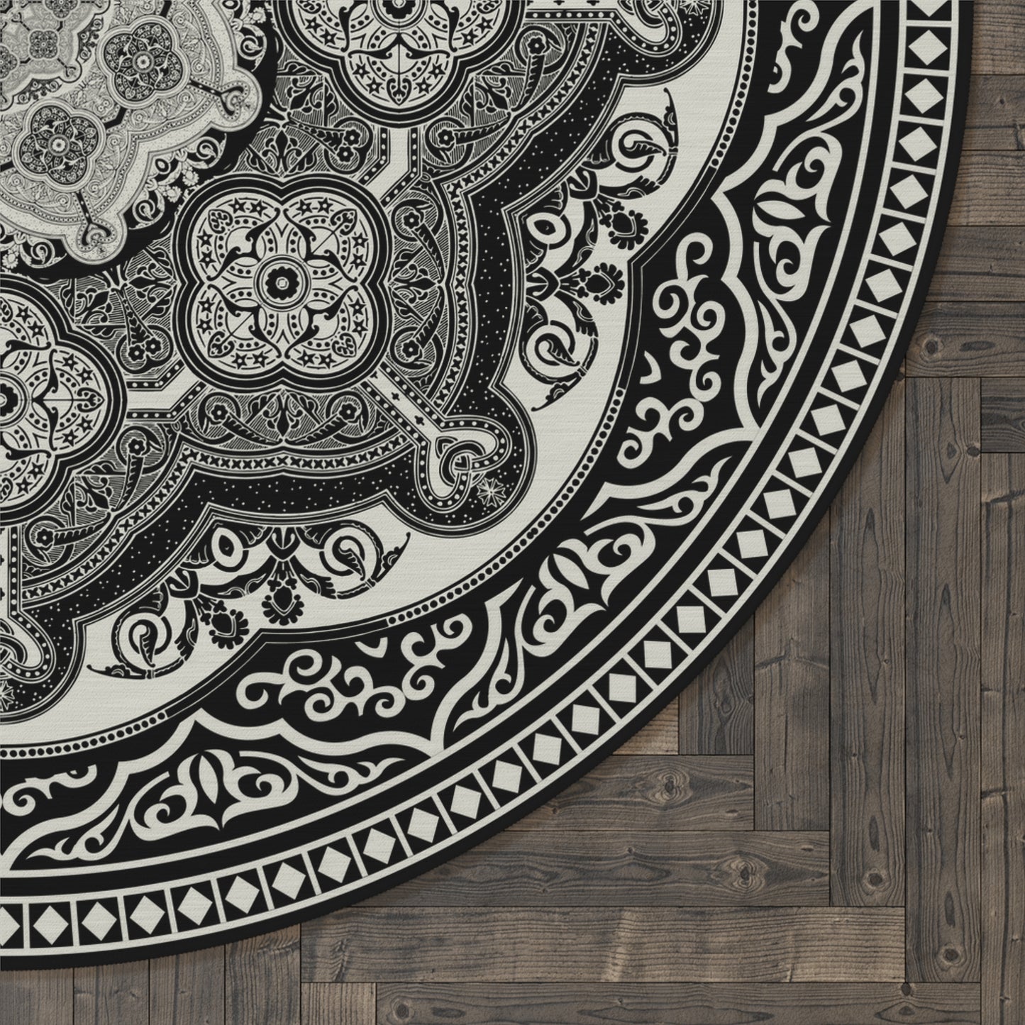 Ornate Baroque Floral Greek Key Cream Black Round Rug