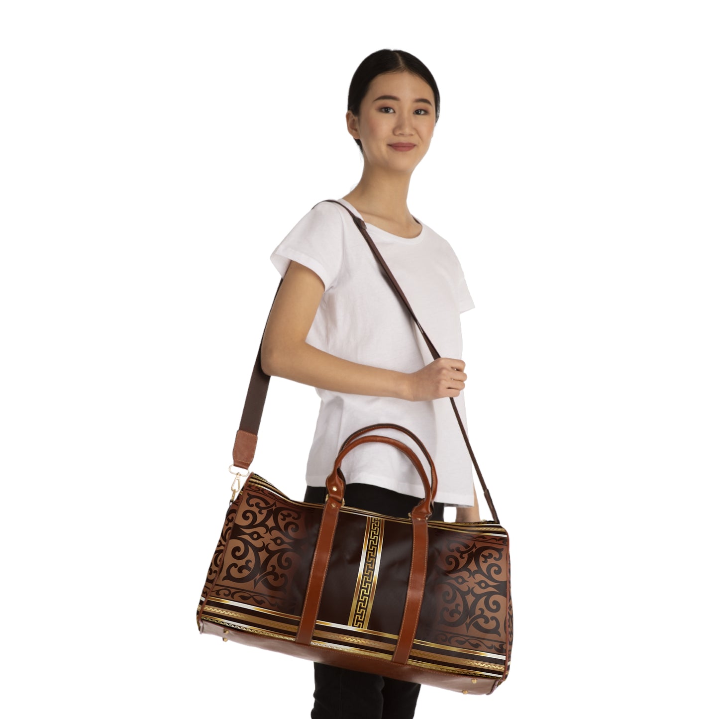Brown Gold Greek Key Waterproof Travel Bag