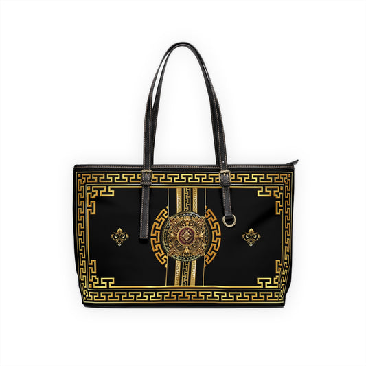 Greek Key Gold Black Medallion PU Leather Shoulder Bag