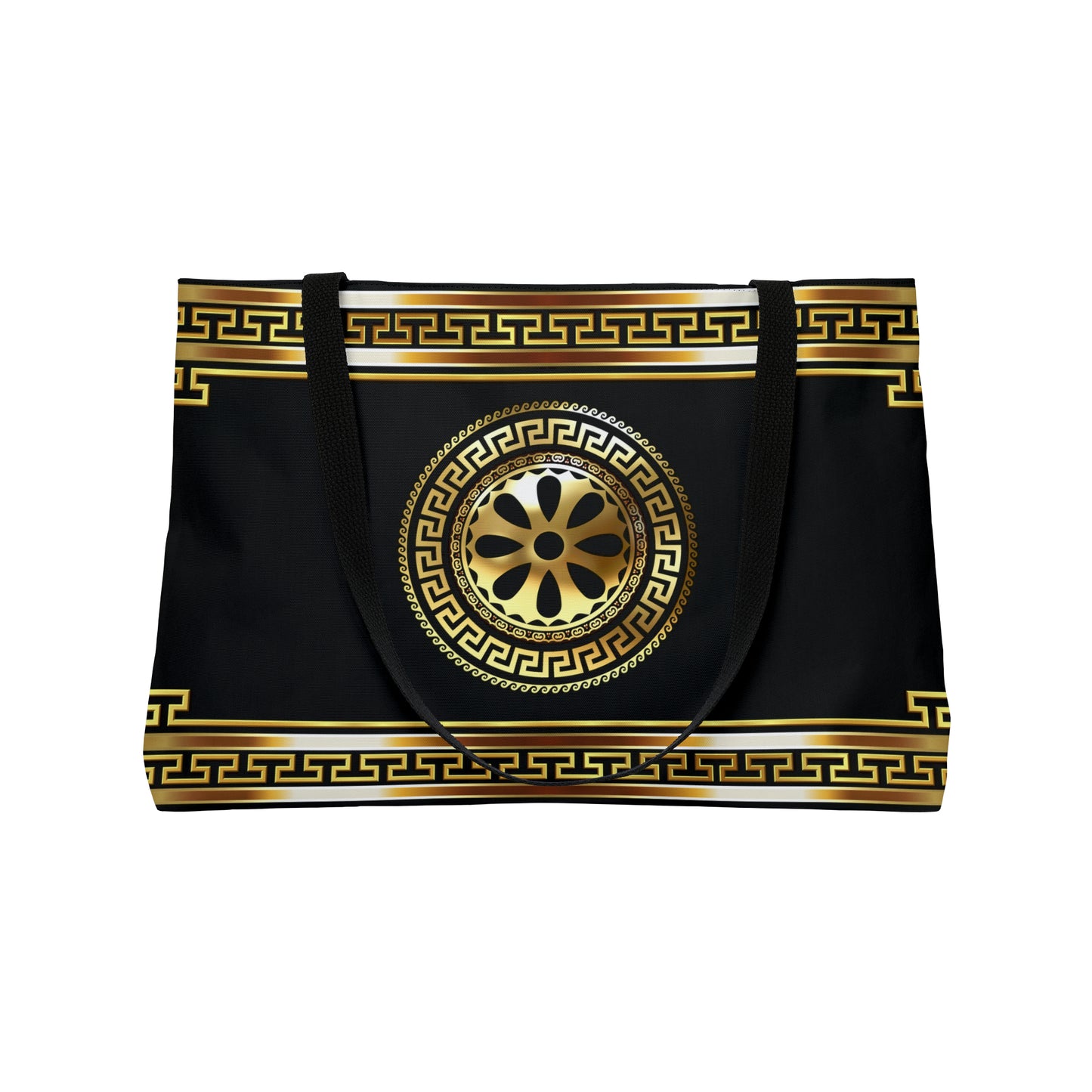 Greek Key Gold Black Flower Weekender Tote Bag