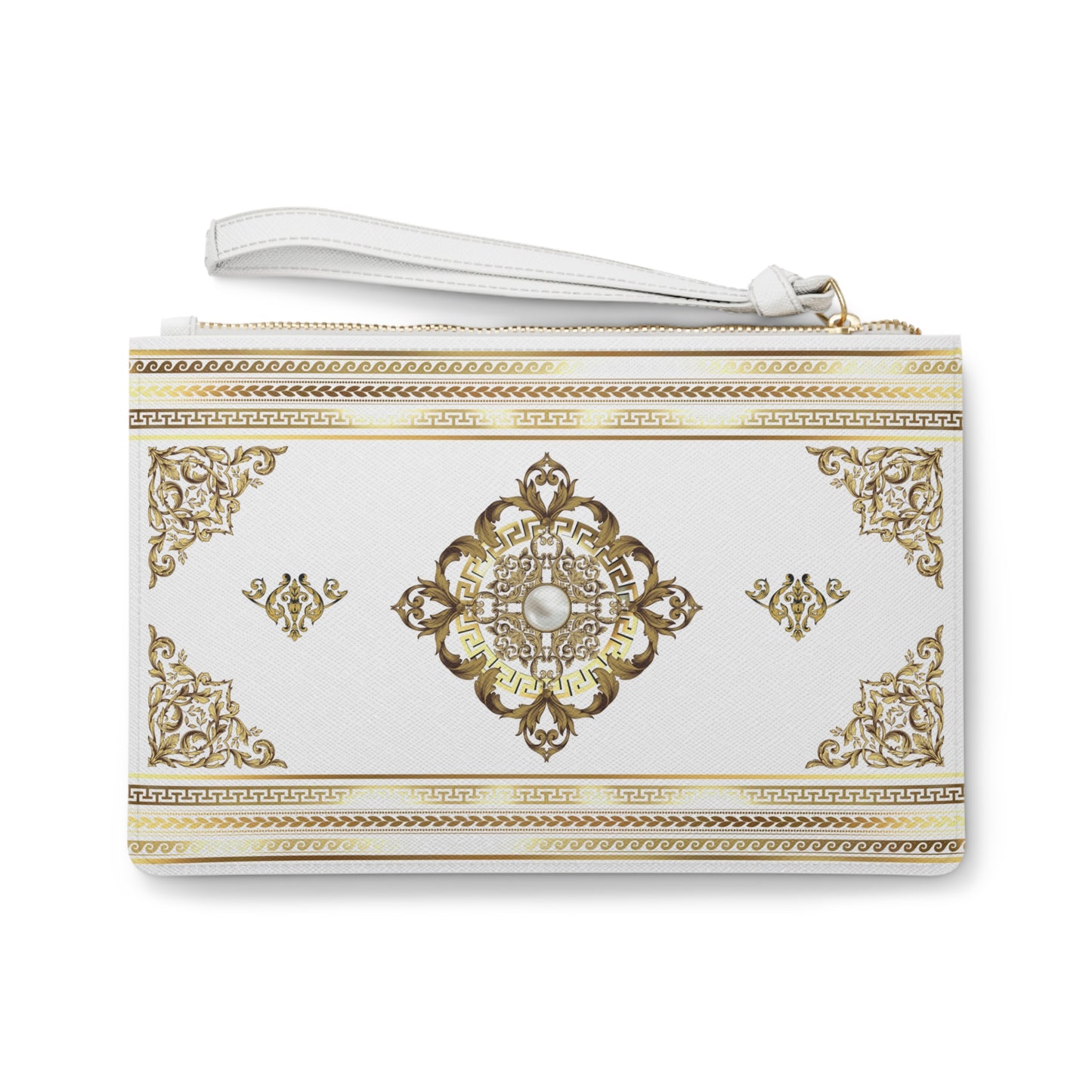 Greek Key White & Gold Medallion Vegan Leather Clutch Bag