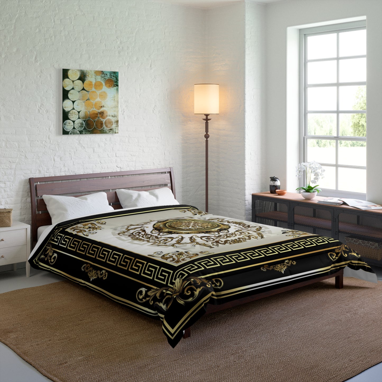 Ornate Medallion Gold Black Greek Key Comforter