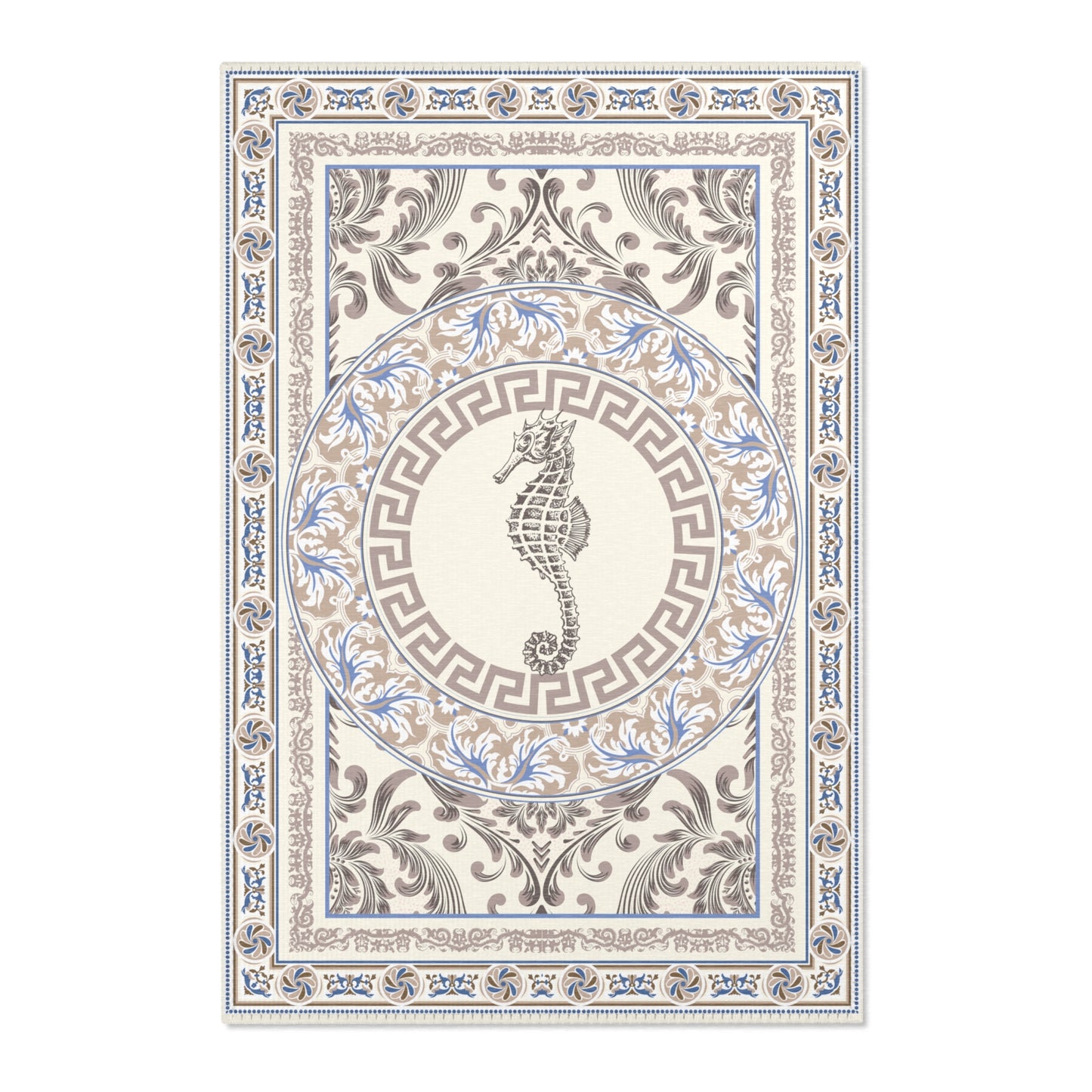 Blue Ornate Baroque Greek Key Area Rugs