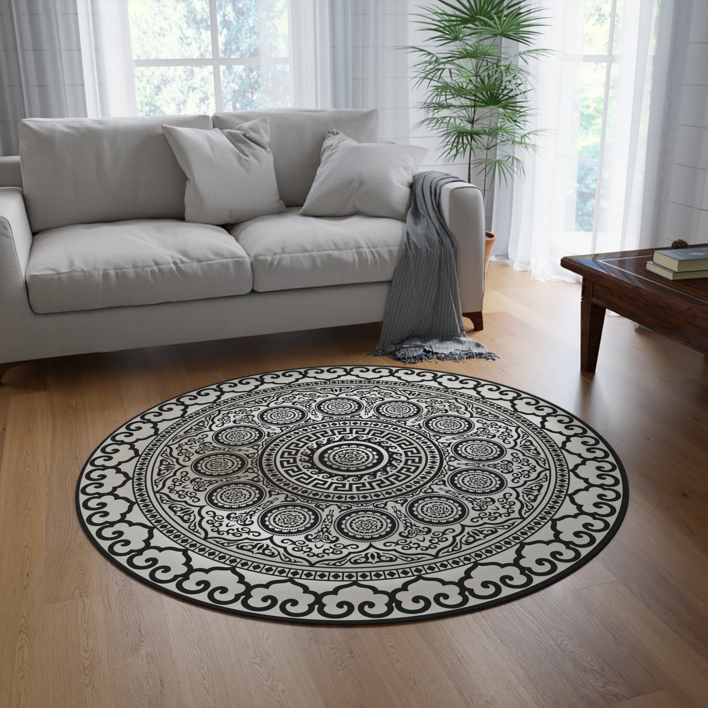 Ornate Baroque Cream Black Greek Key Round Rug