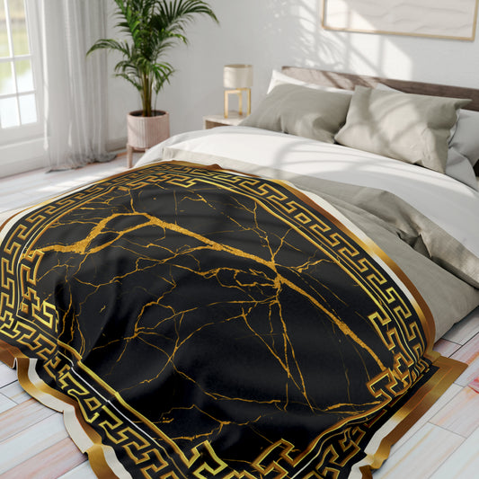 Greek Key Gold Black Marbleized Arctic Fleece Blanket