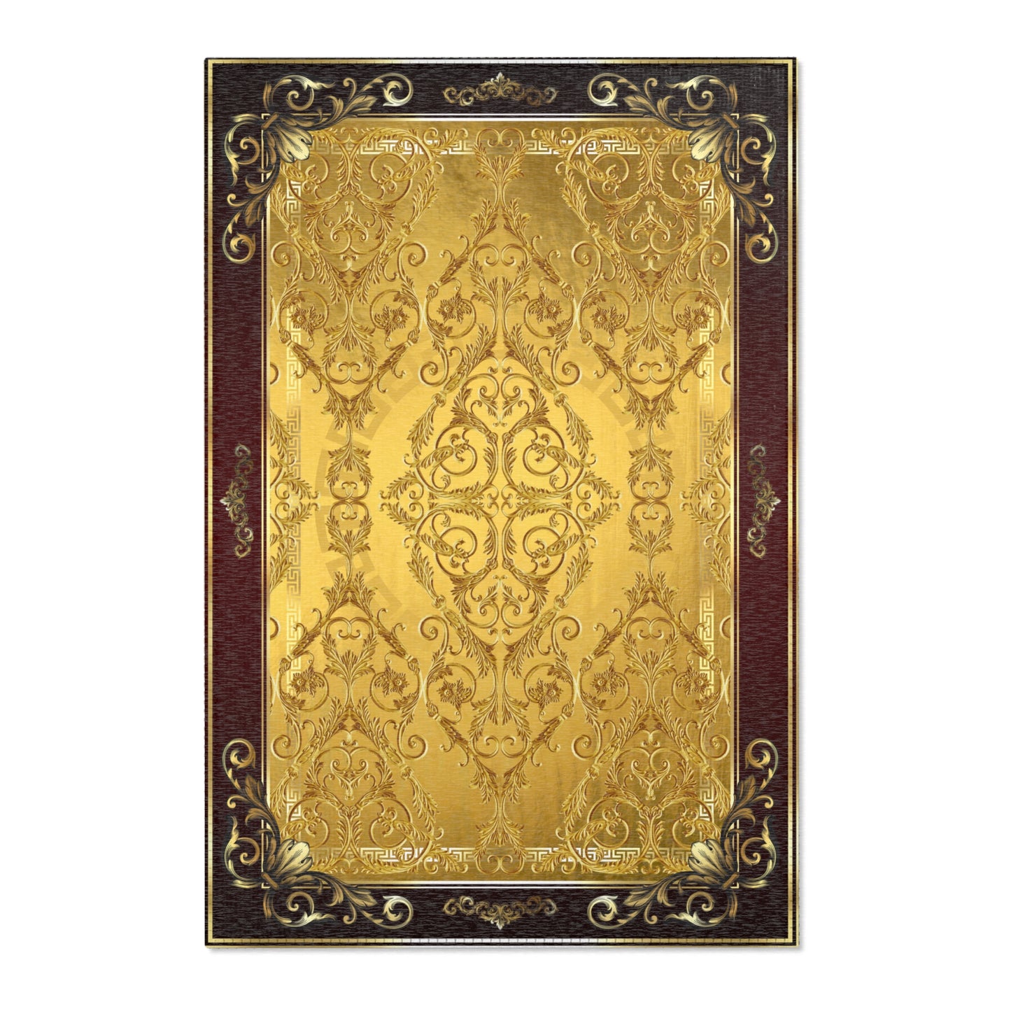 Ornate Gold Maroon Greek Key Baroque Area Rugs