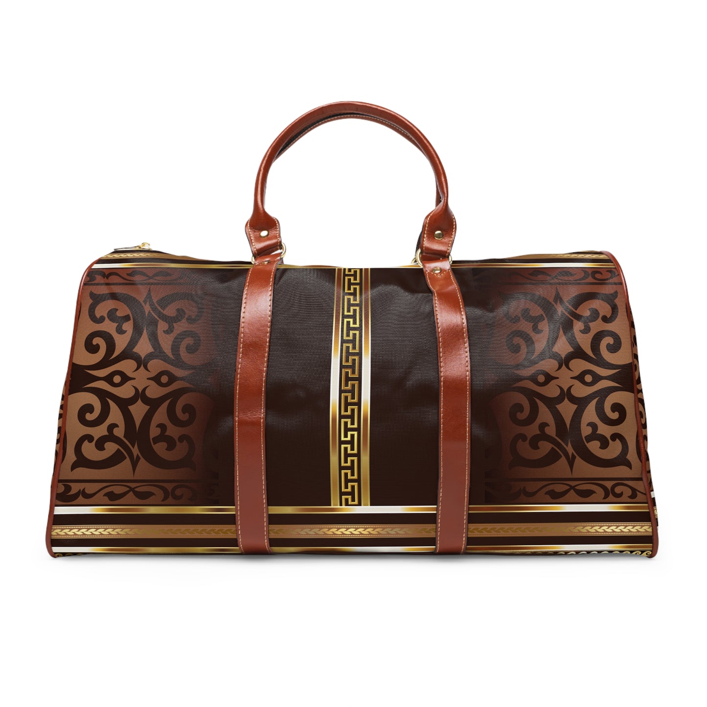 Brown Gold Greek Key Waterproof Travel Bag