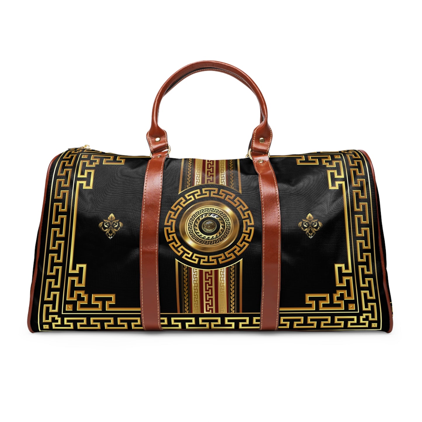 Greek Key Gold Black Medallion Waterproof Travel Bag