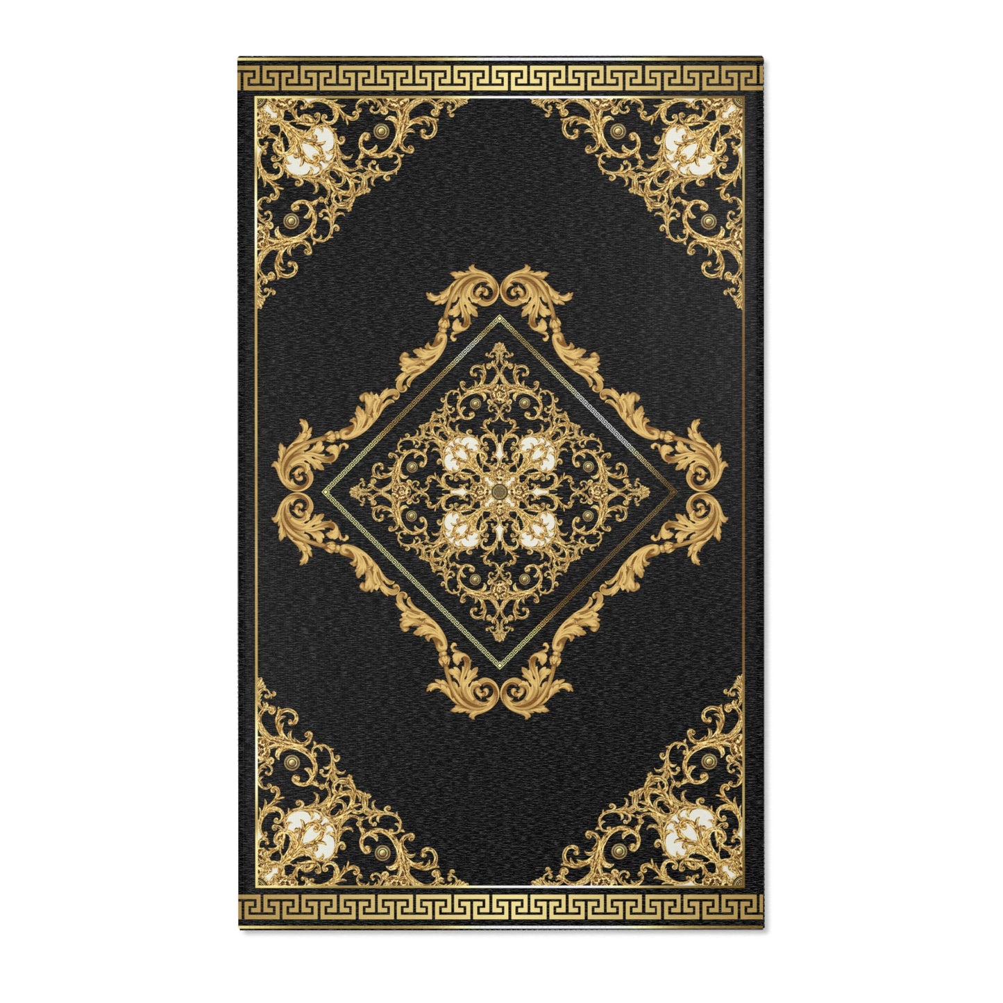 Ornate Baroque Black Gold Greek Key Gold Trim Area Rugs