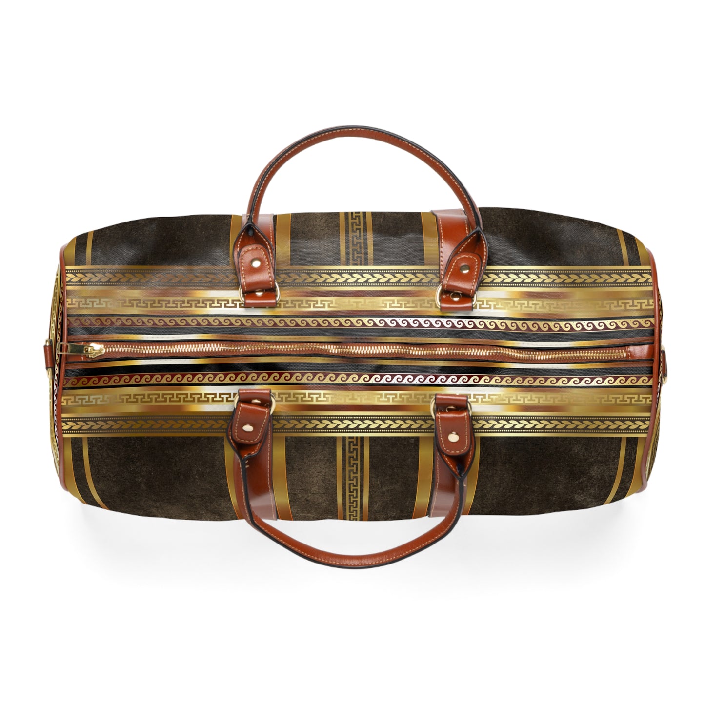Brown Gold Greek Key Waterproof Travel Bag