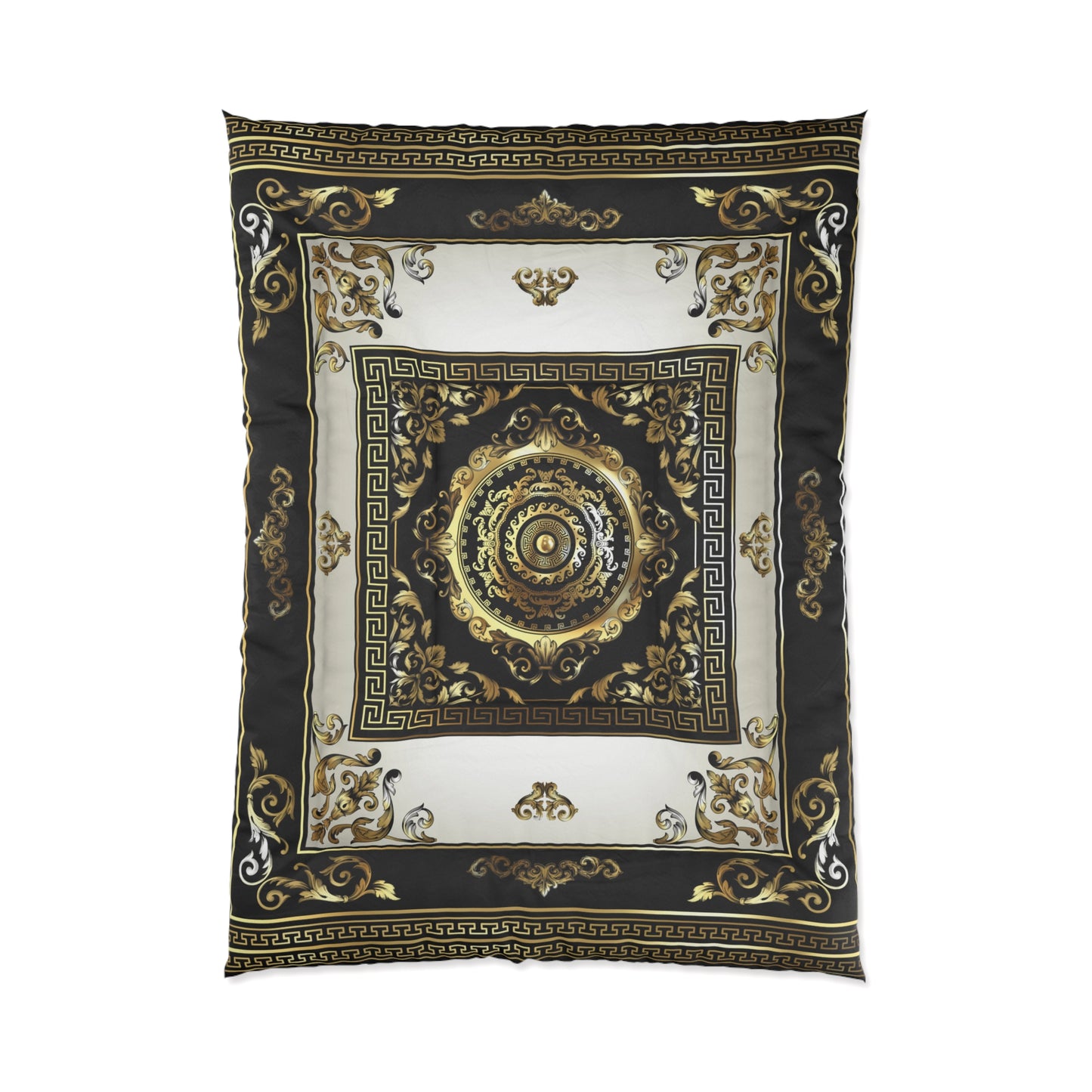 Greek Key Ornate Baroque Black Cream Gold Comforter