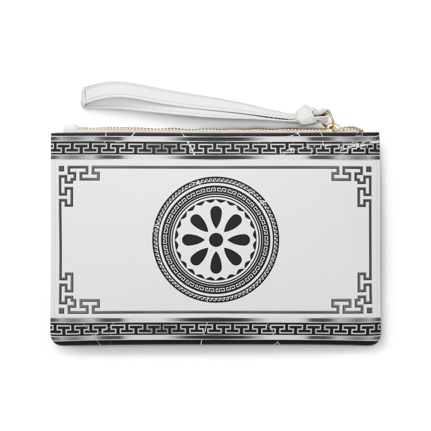 Greek Key Silver Flower Vegan Leather Clutch Bag