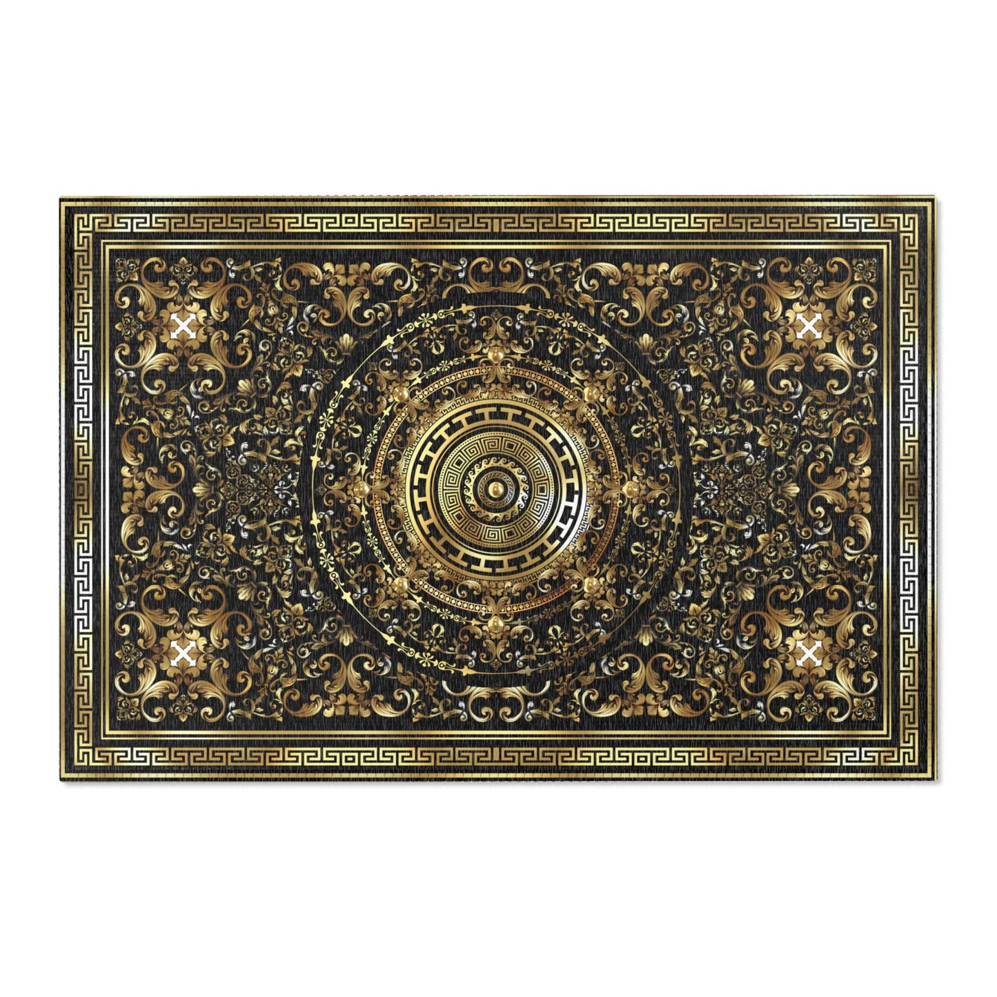 Ornate Baroque Gold Black Greek Key Area Rugs