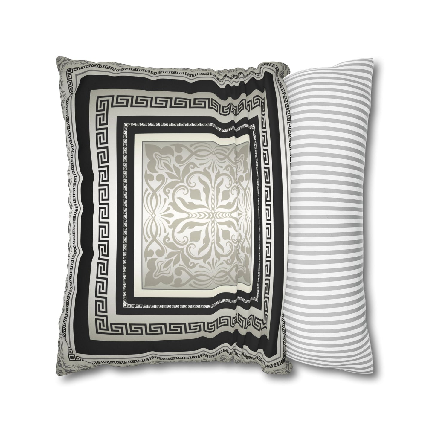 Greek Keys Cream Gray Black Faux Suede Square Pillow Case