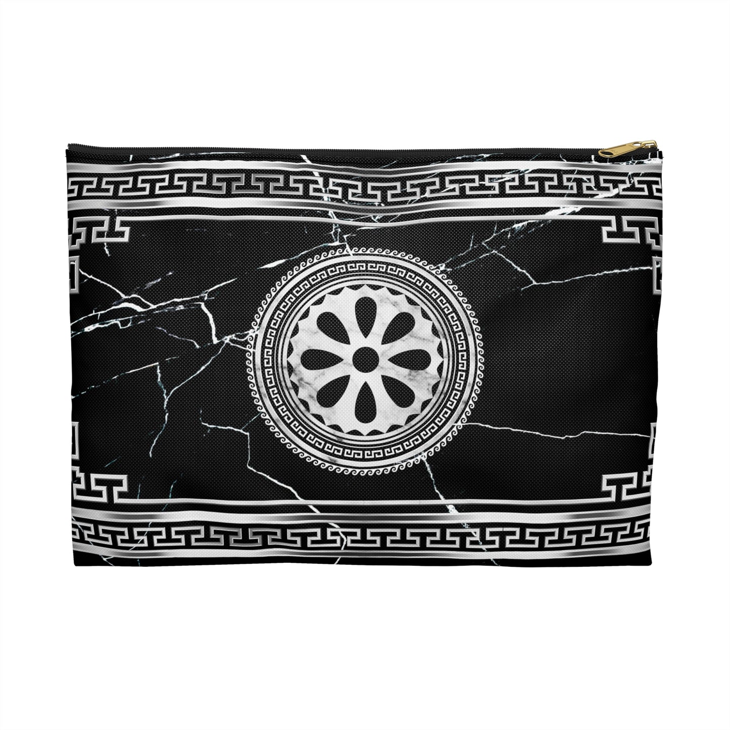 Greek Key Silver Black Marbleized Accessory Pouch