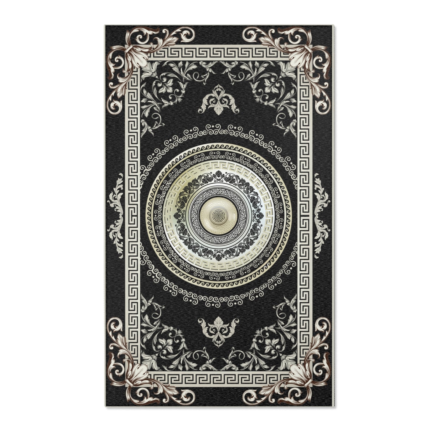 Greek Key Black & Cream Ornate Baroque Area Rugs