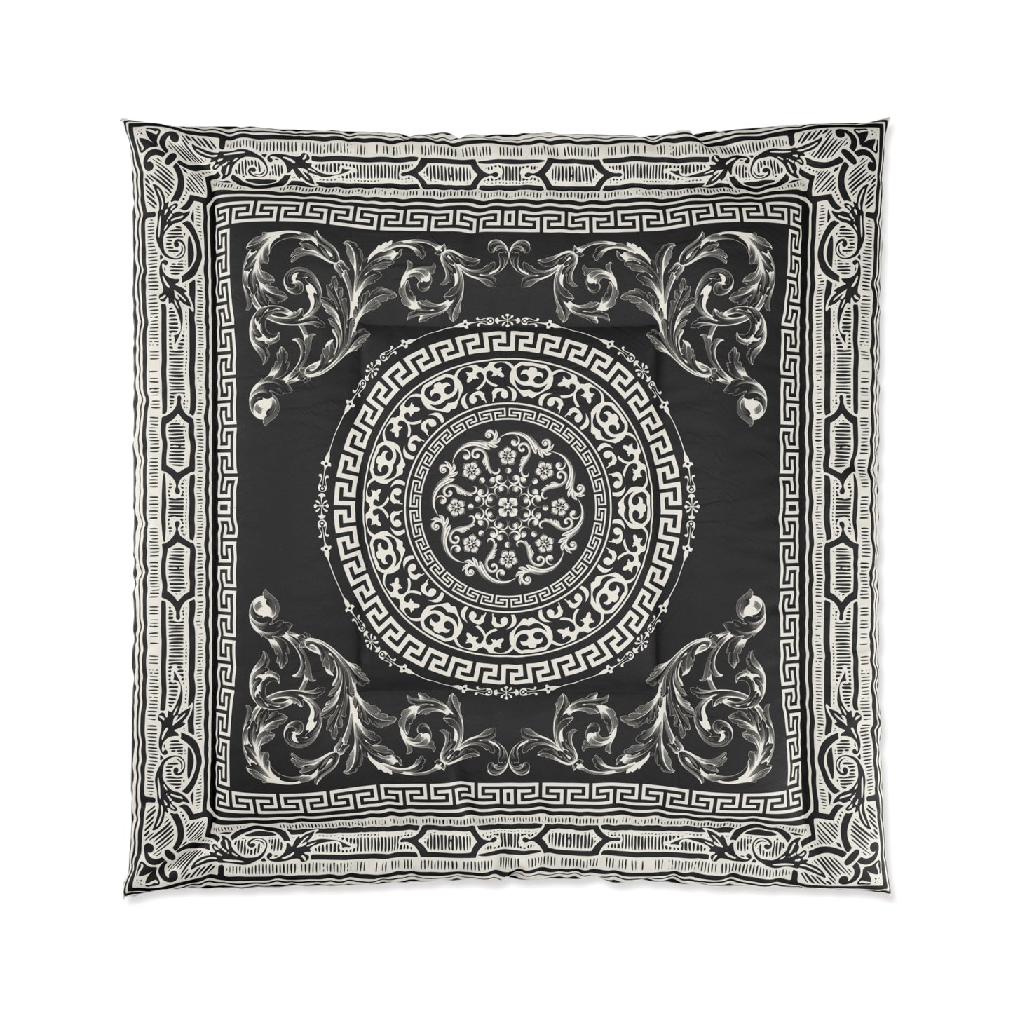 Ornate Baroque Black Antique White Greek Key Comforter