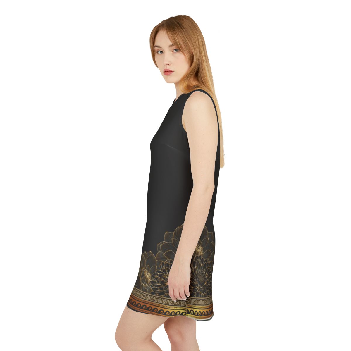 Greek Key Gold Flowers Black A-line Sleeveless Dress