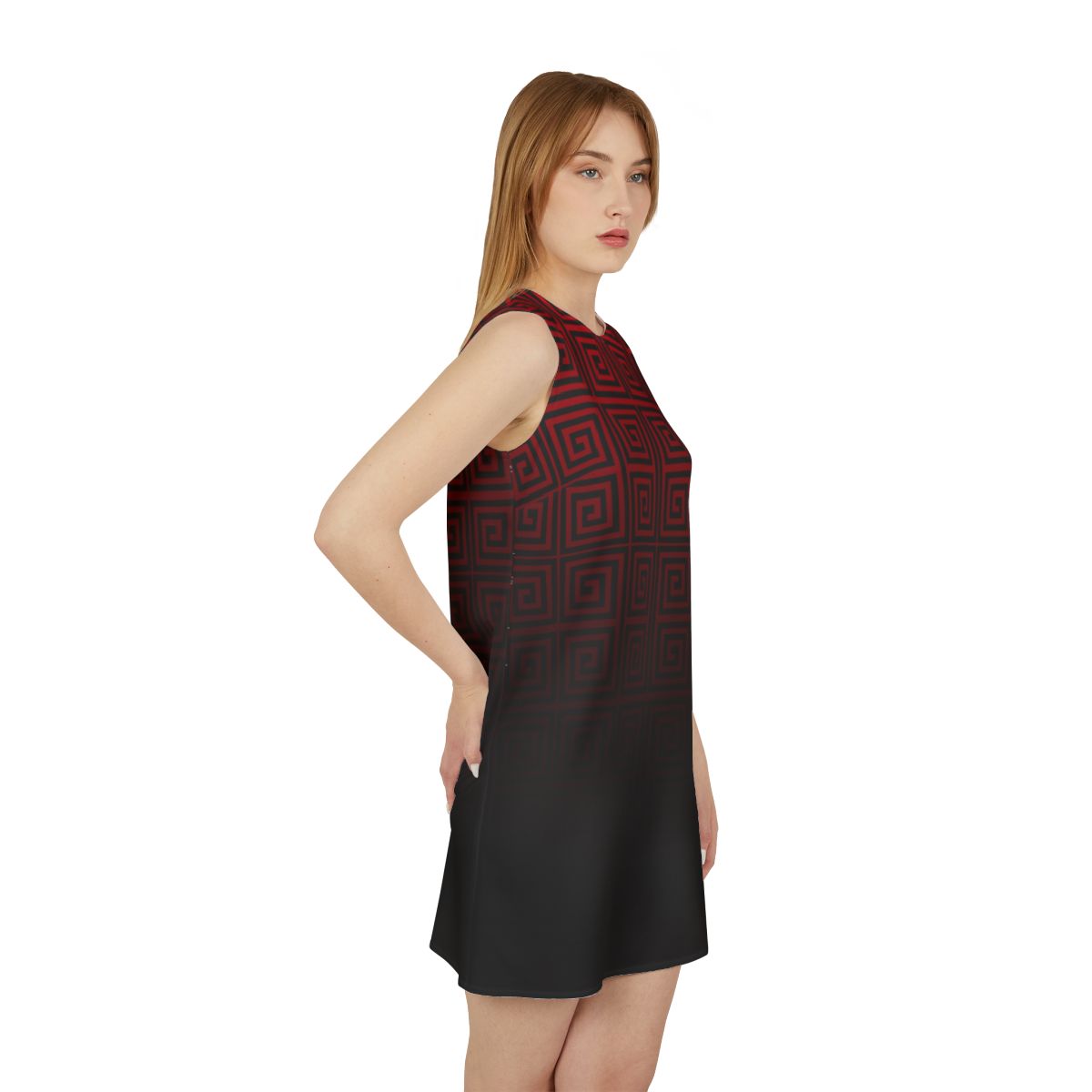 Black Red Greek Key Black A-line Sleeveless Dress