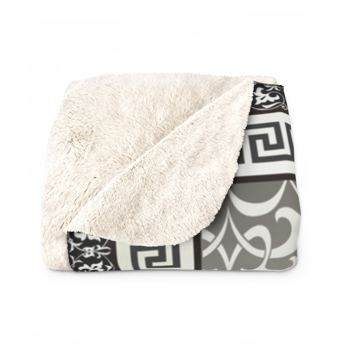 Greek Key Khaki Black Gray Ornate Sherpa Fleece Blanket