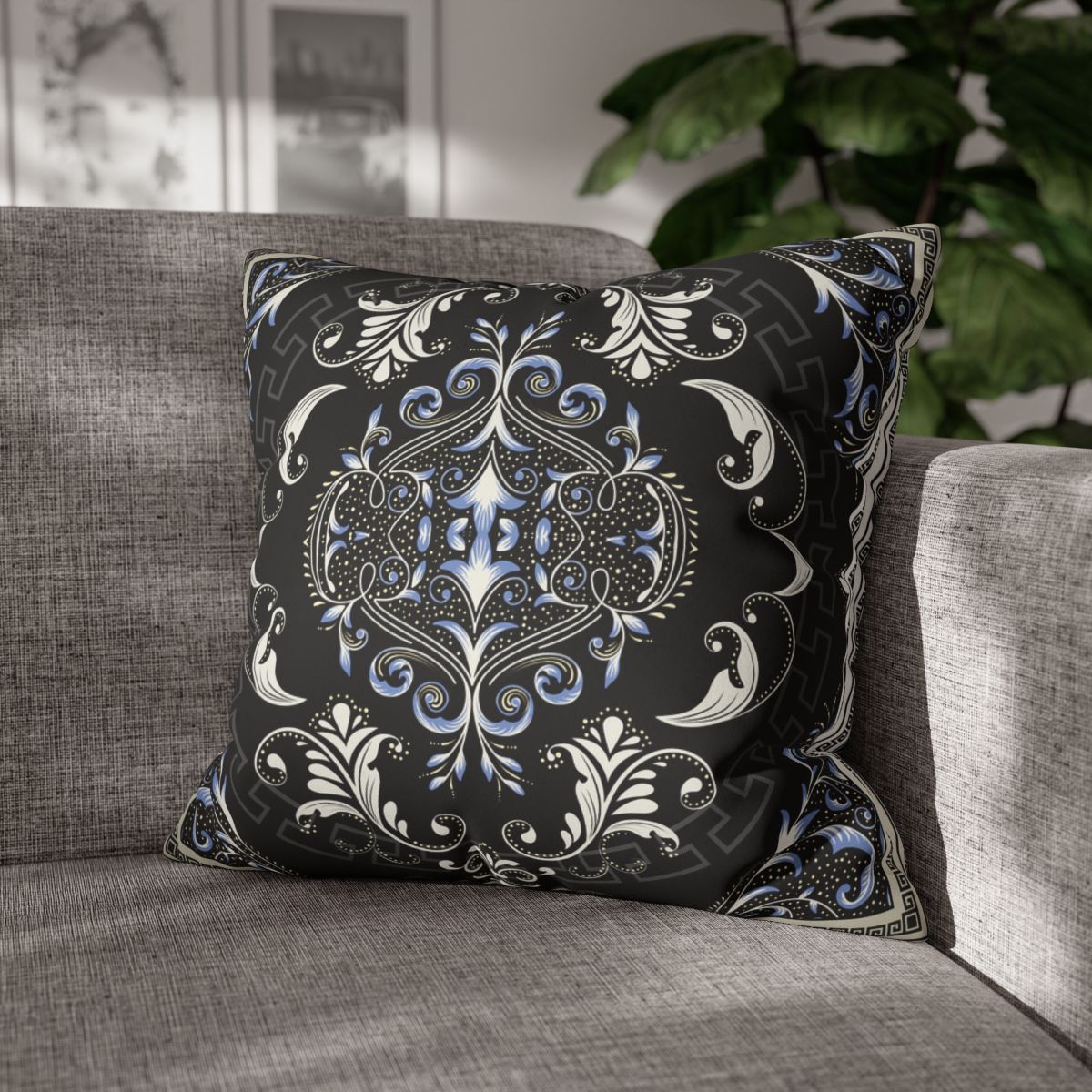 Floral Black Cream Greek Key Faux Suede Square Pillowcase (CASE ONLY)