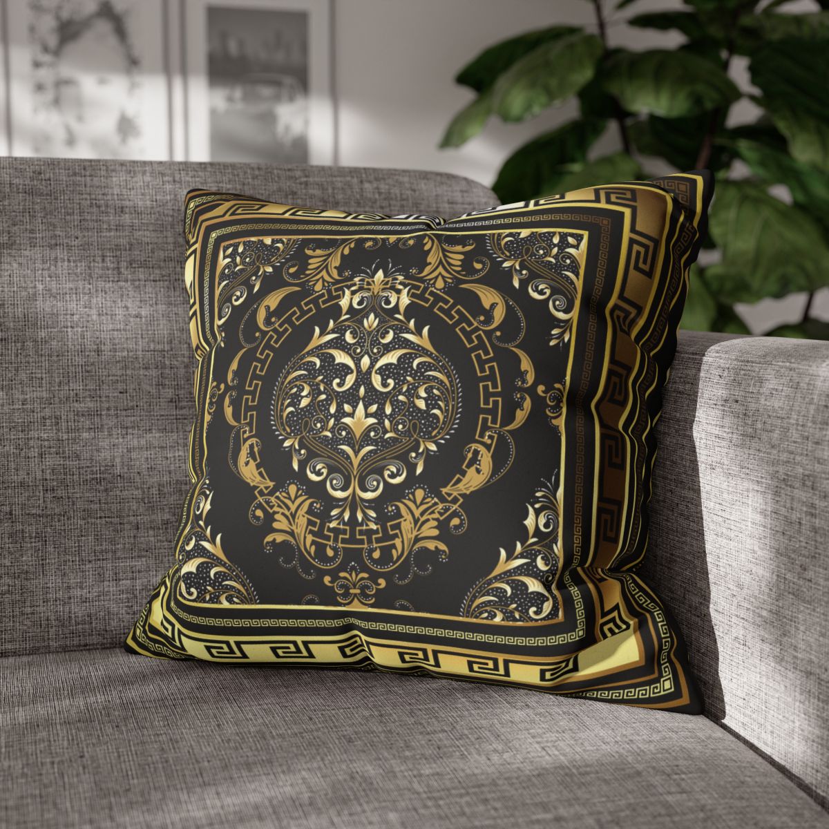 Greek Keys Gold Black Faux Suede Square Pillow Case