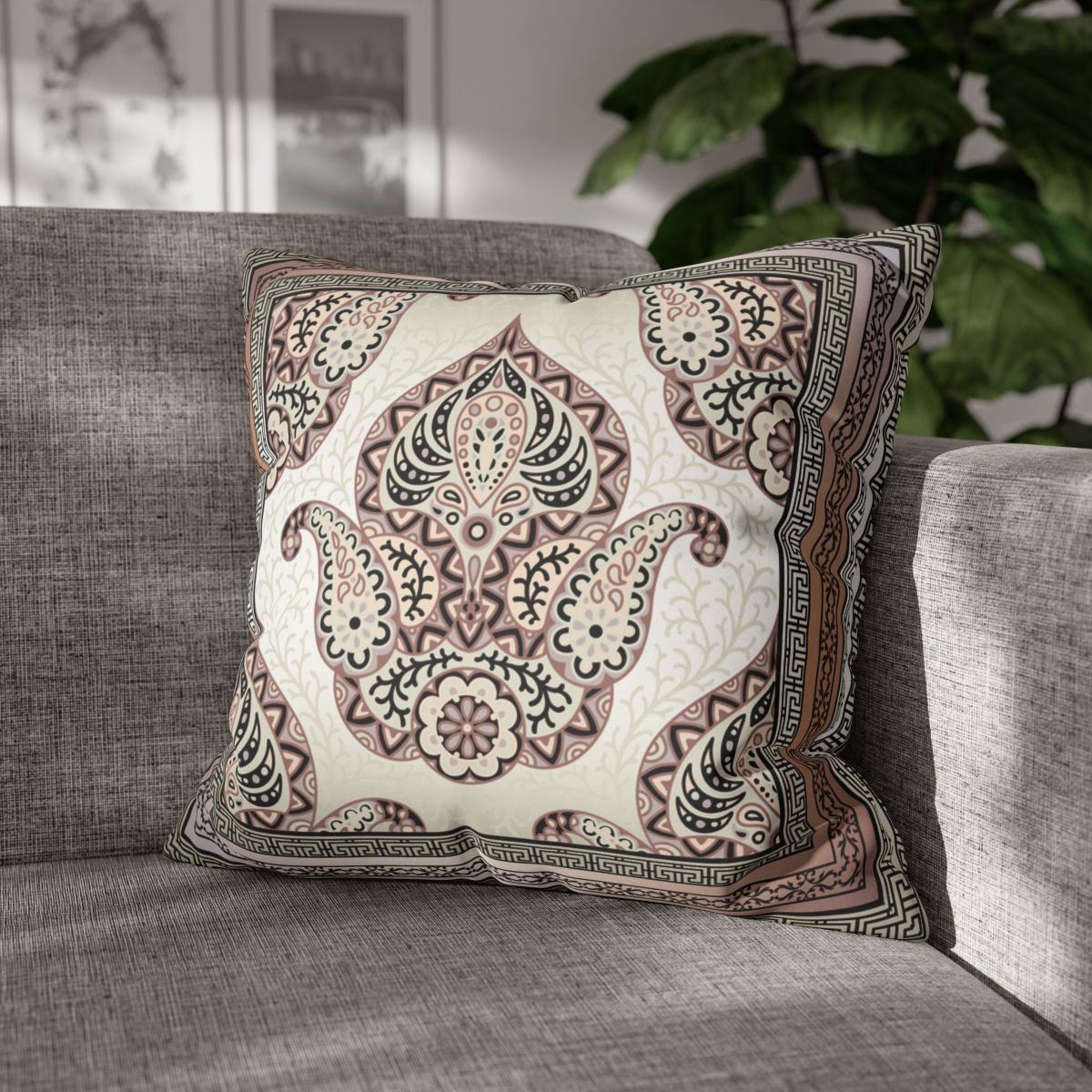 Greek Keys Pink Peach Black Paisley Faux Suede Square Pillow Case