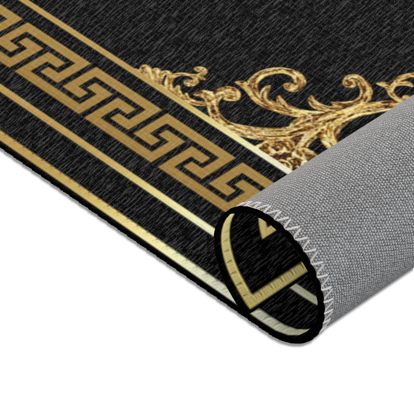 Ornate Baroque Black Gold Greek Key Gold Trim Area Rugs