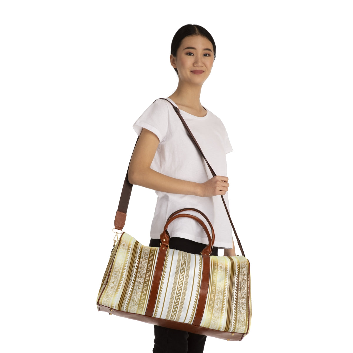 Greek Key Gold White Brown Waterproof Travel Bag
